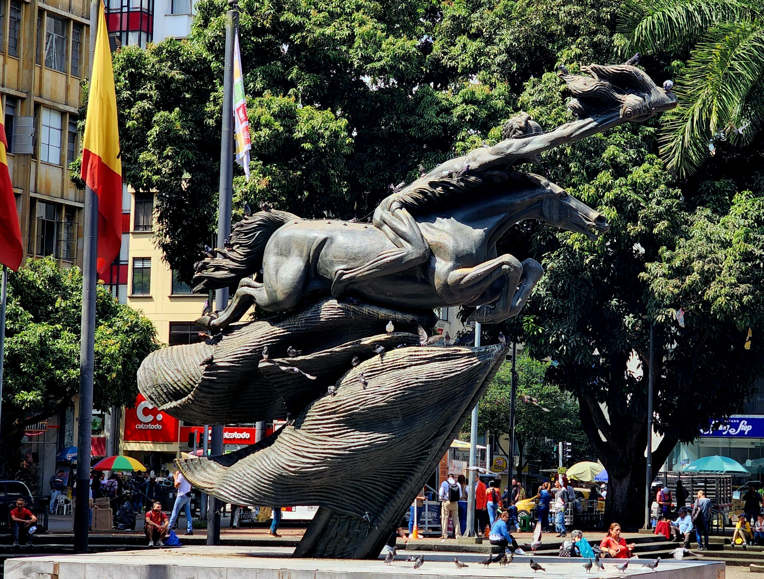 Simon Bolivar statue at Plaza de Bolivar in Pereira Colombia
